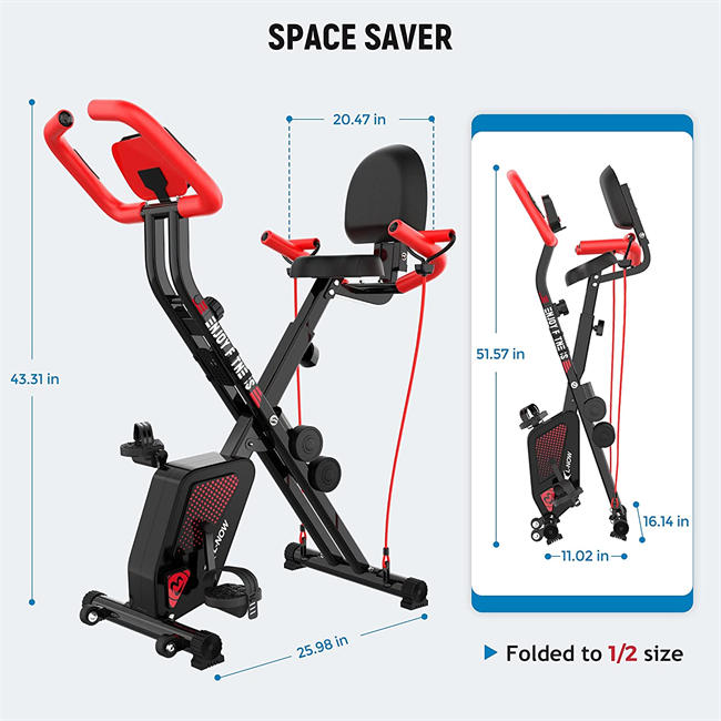 Foldable Exercise Bike Indoor Cycling Bike Magnetic Upright Bike Stationary Bike with Arm Resistance Bands,Pulse Sensor,LCD Monitor,