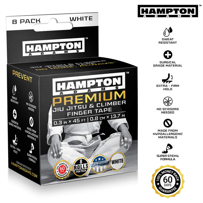 (8 Pack) White Finger Tape - Athletic Tape | 0.3” x 45 Feet - for Rock Climbing, BJJ Jiu Jitsu, Grappling, MMA, Crossfit and Martial Arts by Hampton Adams