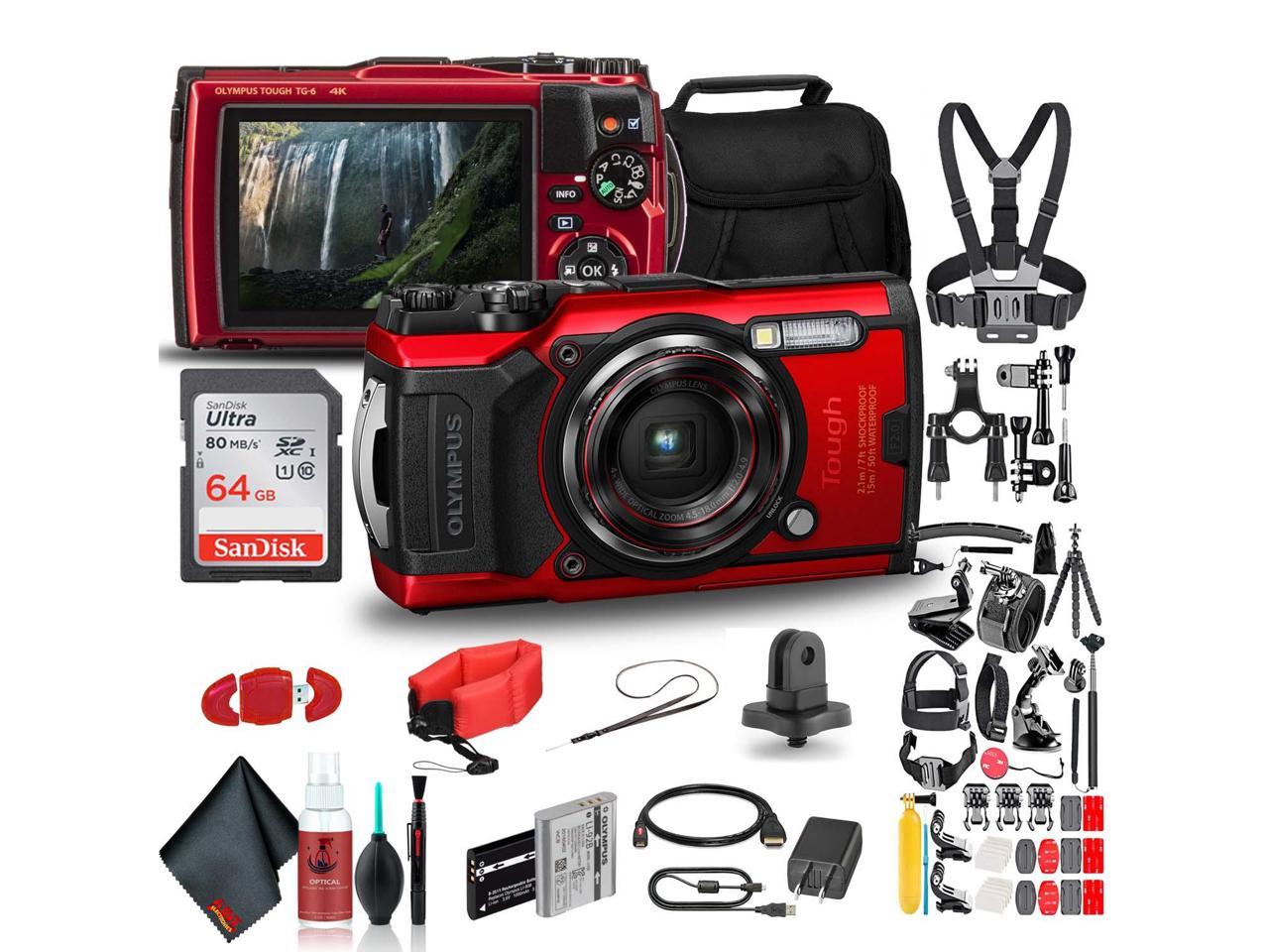 Olympus Tough TG-6 Waterproof Camera (Red) - Action Bundle - With 50 Piece Accessory Kit + Extra Battery + Float Strap + Sandisk 64GB Ultra Memory Card + Padded Case + More