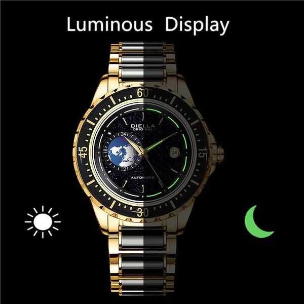 Diella Automatic Watches for Men Sparkly Starry Sky Men Wrist Watches Jewelry Gold Luxury Mechanical Waterproof Dress Watch
