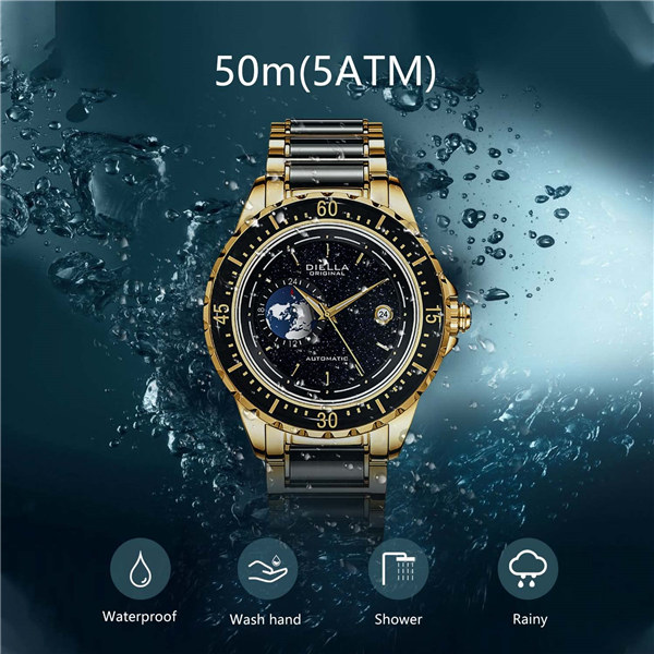 Diella Automatic Watches for Men Sparkly Starry Sky Men Wrist Watches Jewelry Gold Luxury Mechanical Waterproof Dress Watch